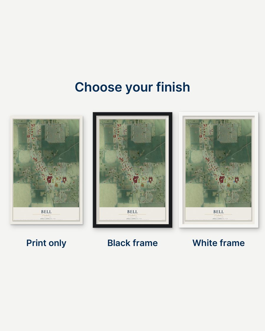 The Bell, Florida map as a print only, in a black frame and in a white frame