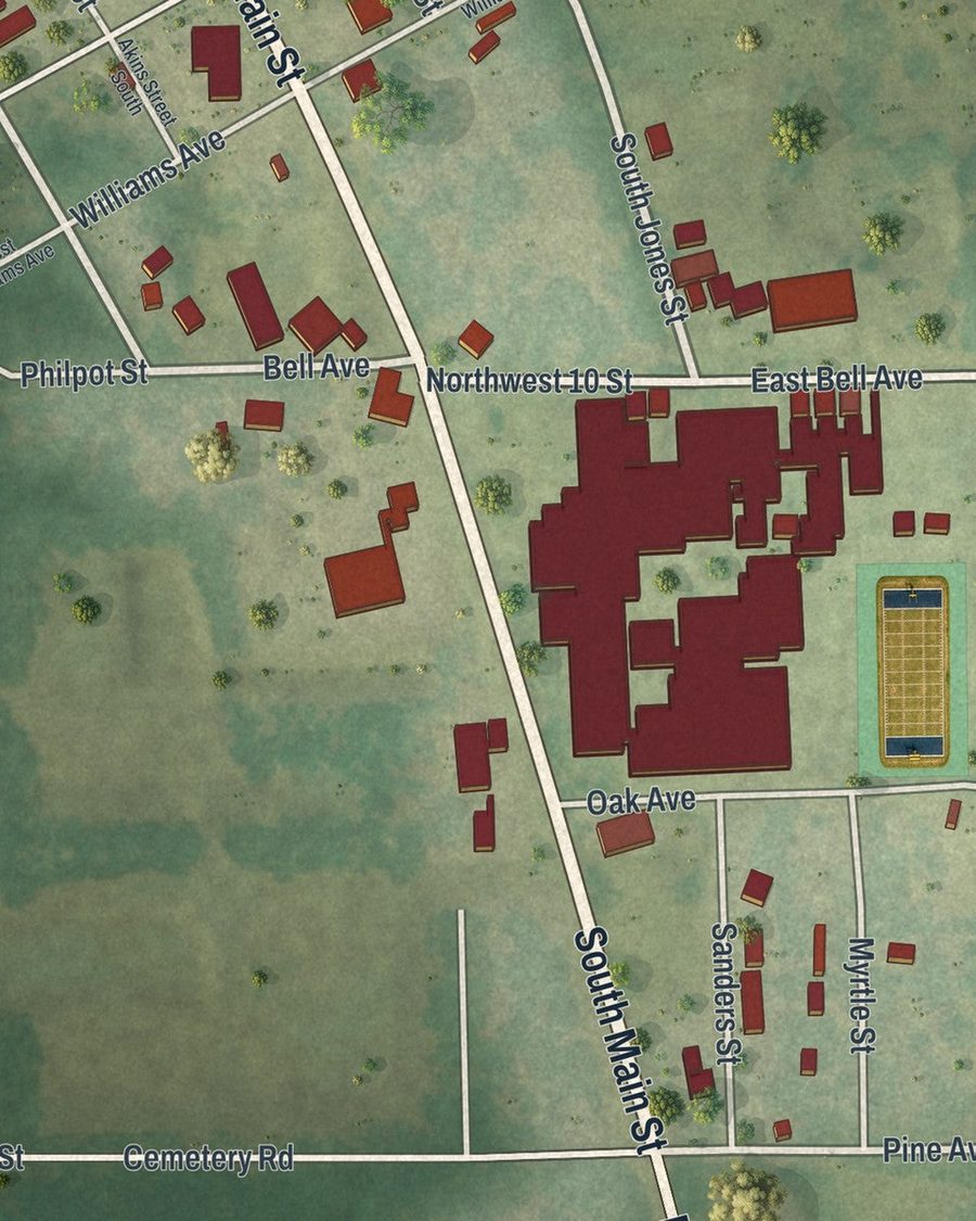 Close-up of Bell streets on the map