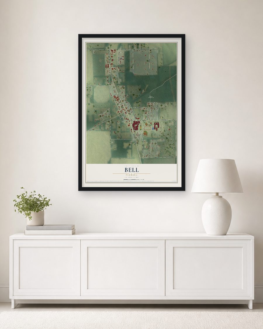 The Bell, Florida map, 24 x 36 in, in a black wood frame on a living room wall