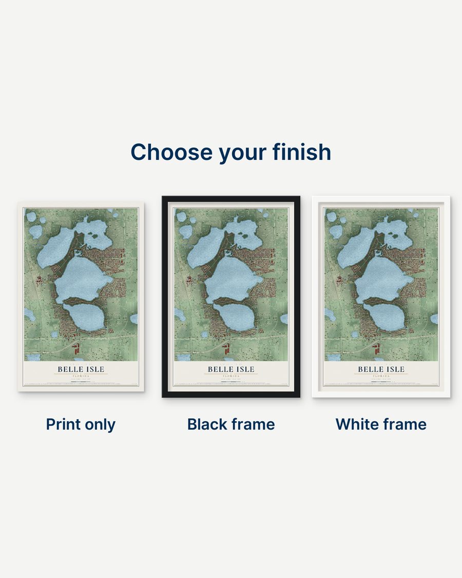 The Belle Isle, Florida map as a print only, in a black frame and in a white frame