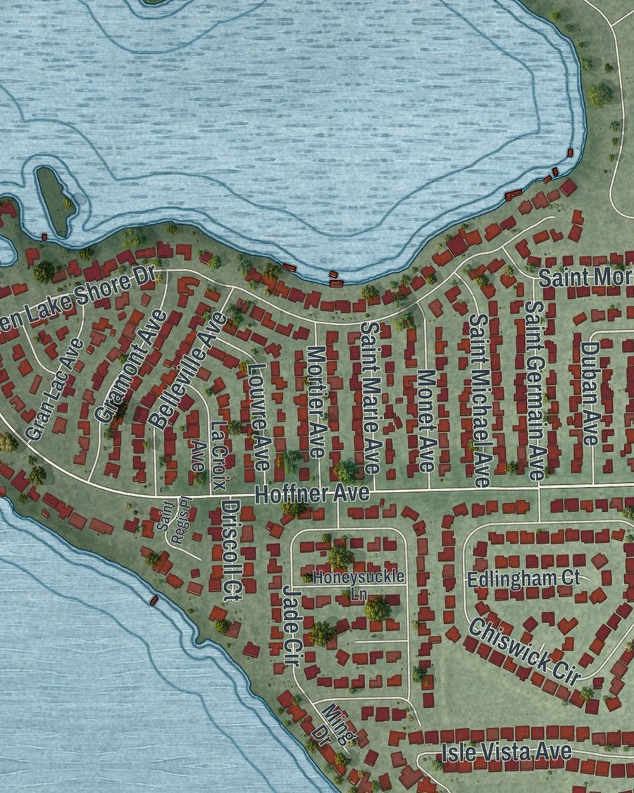 Close-up of Belle Isle streets on the map