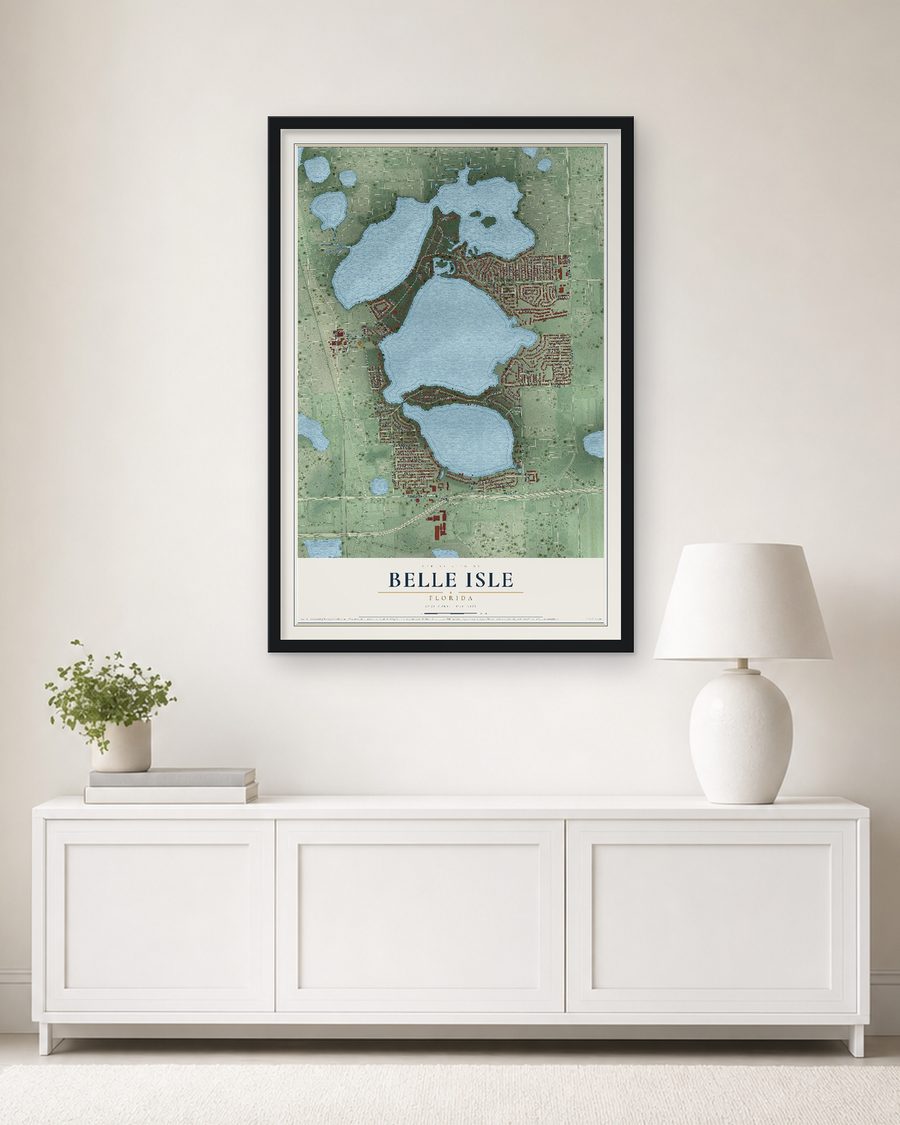 The Belle Isle, Florida map, 24 x 36 in, in a black wood frame on a living room wall