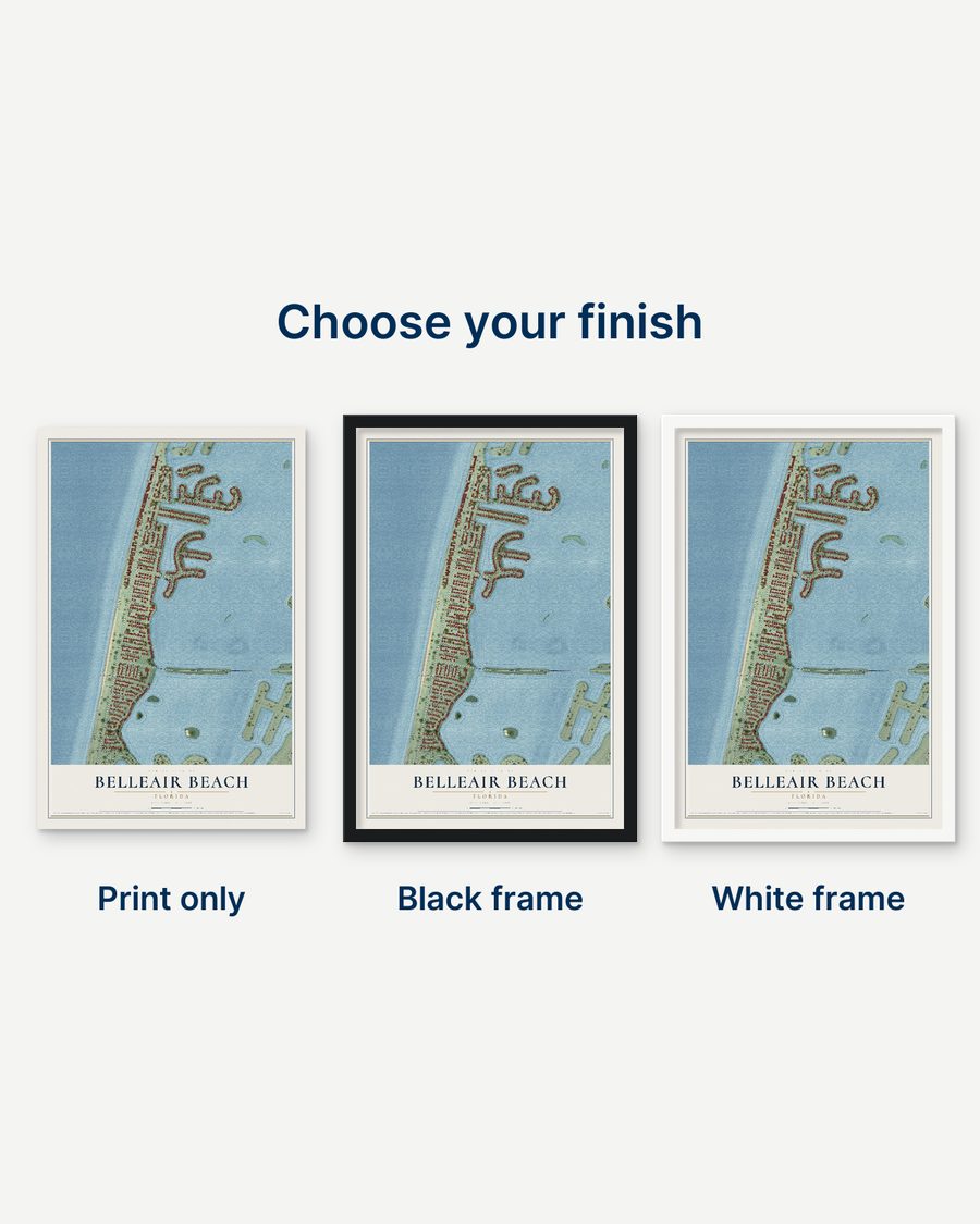 The Belleair Beach, Florida map as a print only, in a black frame and in a white frame