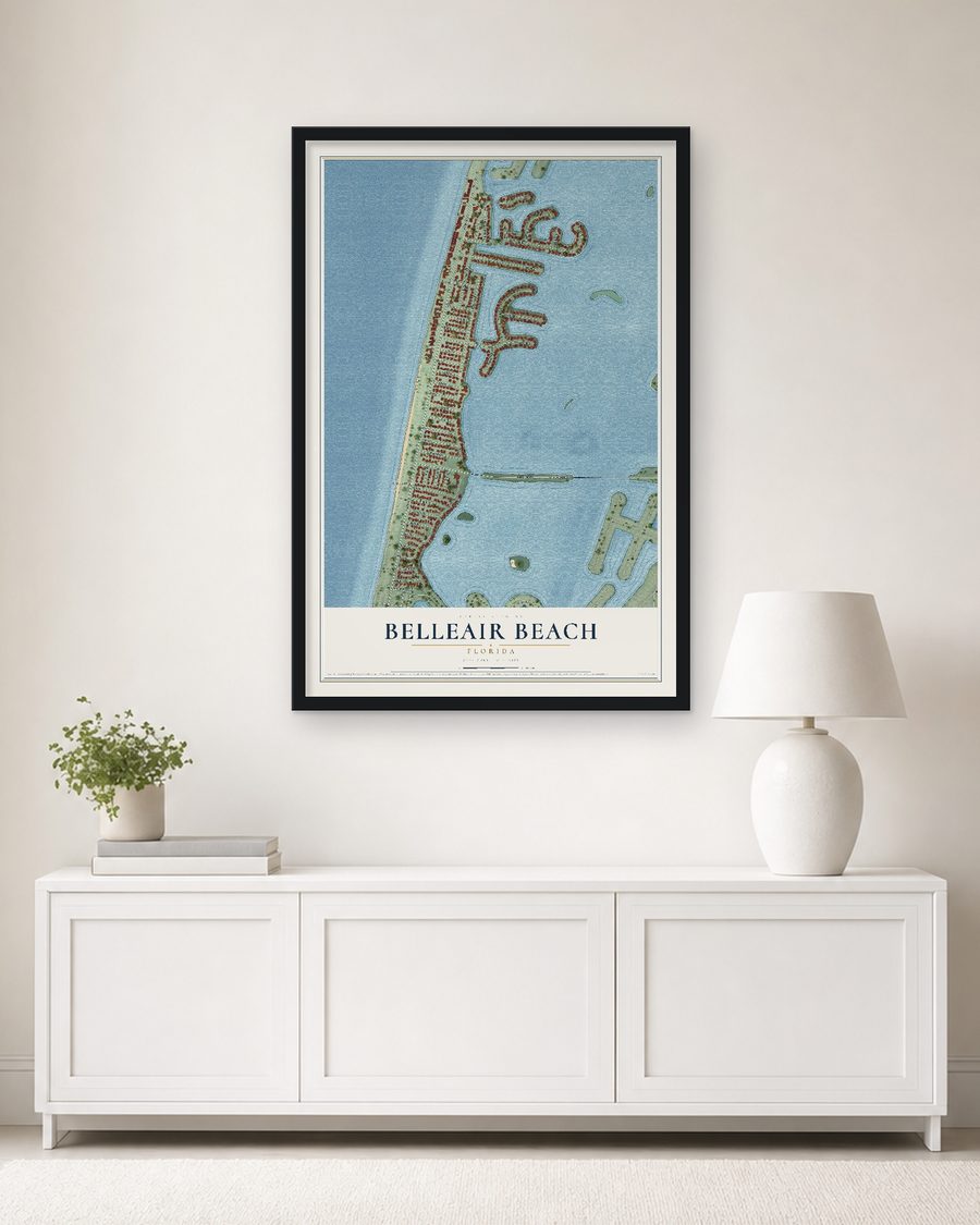 The Belleair Beach, Florida map, 24 x 36 in, in a black wood frame on a living room wall