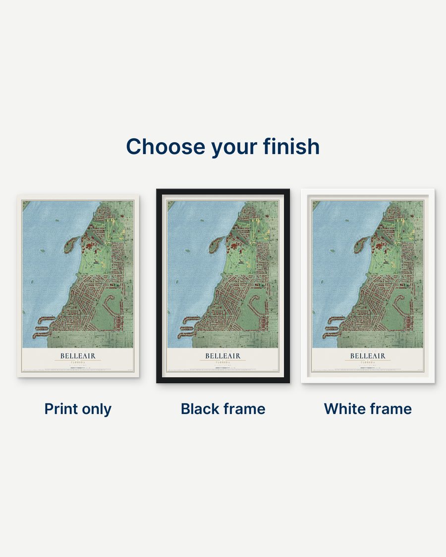 The Belleair, Florida map as a print only, in a black frame and in a white frame