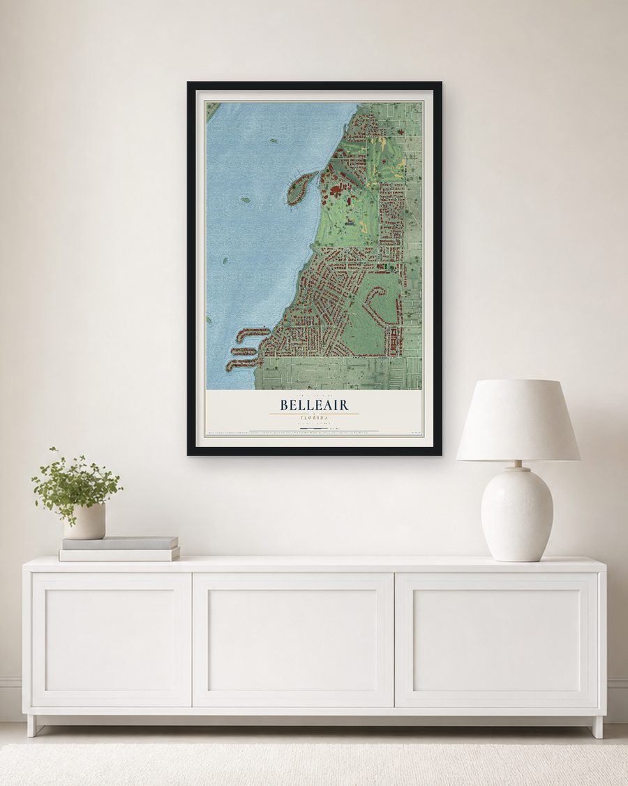 The Belleair, Florida map, 24 x 36 in, in a black wood frame on a living room wall