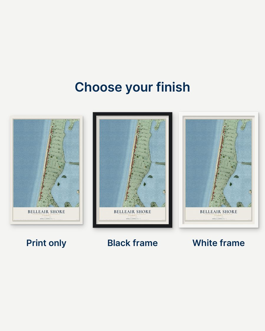 The Belleair Shore, Florida map as a print only, in a black frame and in a white frame