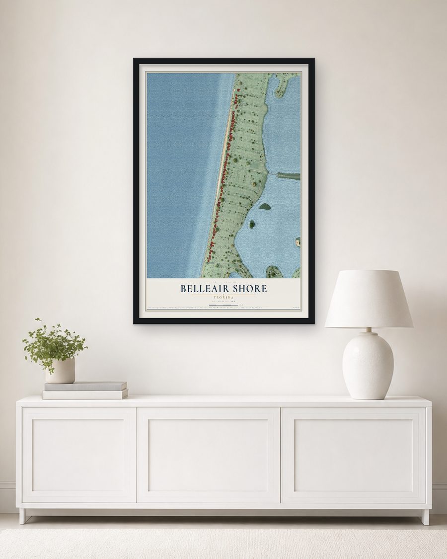 The Belleair Shore, Florida map, 24 x 36 in, in a black wood frame on a living room wall