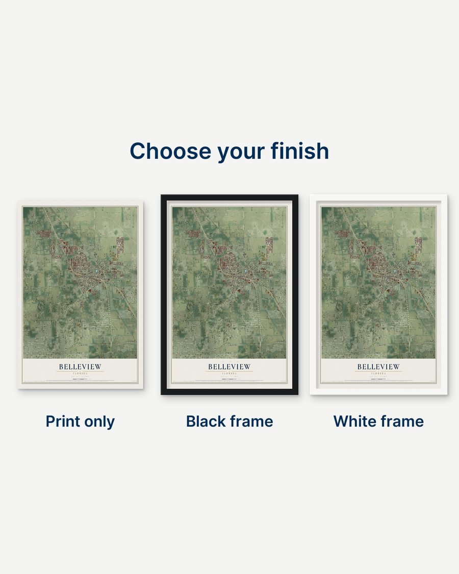 The Belleview, Florida map as a print only, in a black frame and in a white frame