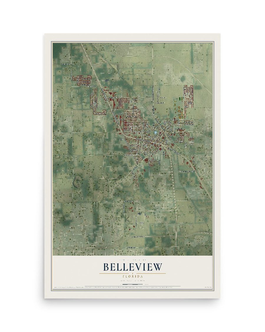 Belleview, Florida map print, 12 x 18 in, print only