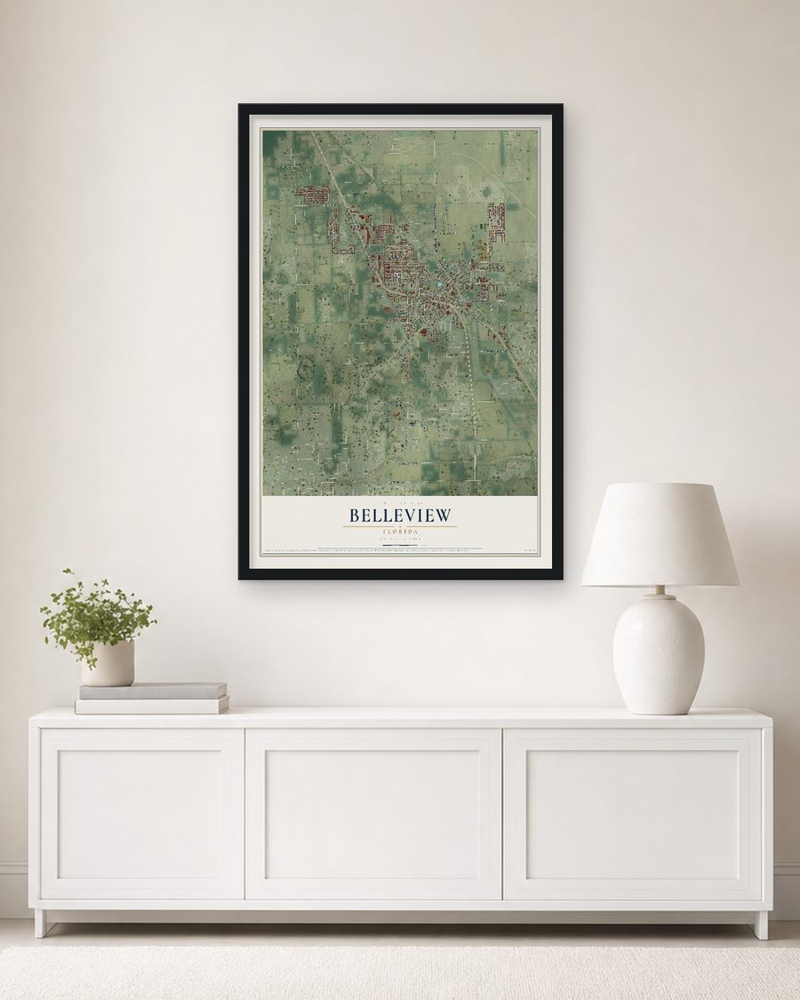 The Belleview, Florida map, 24 x 36 in, in a black wood frame on a living room wall