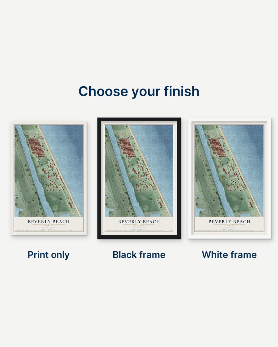The Beverly Beach, Florida map as a print only, in a black frame and in a white frame