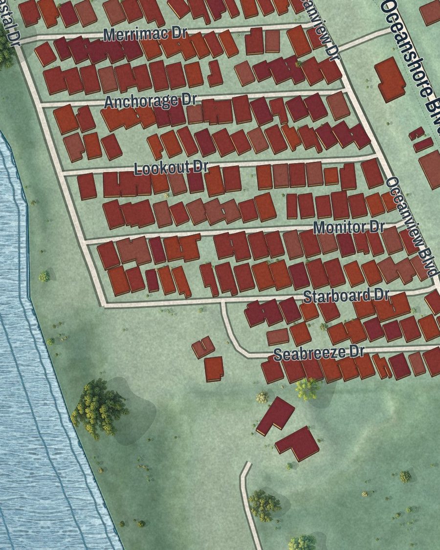 Close-up of Beverly Beach streets on the map