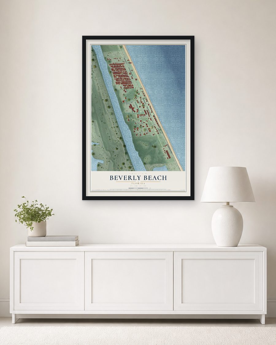 The Beverly Beach, Florida map, 24 x 36 in, in a black wood frame on a living room wall