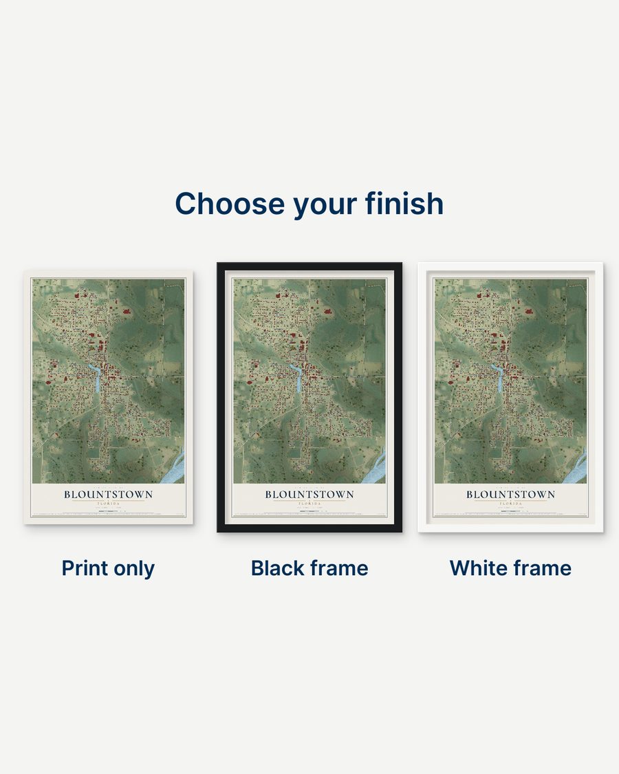 The Blountstown, Florida map as a print only, in a black frame and in a white frame