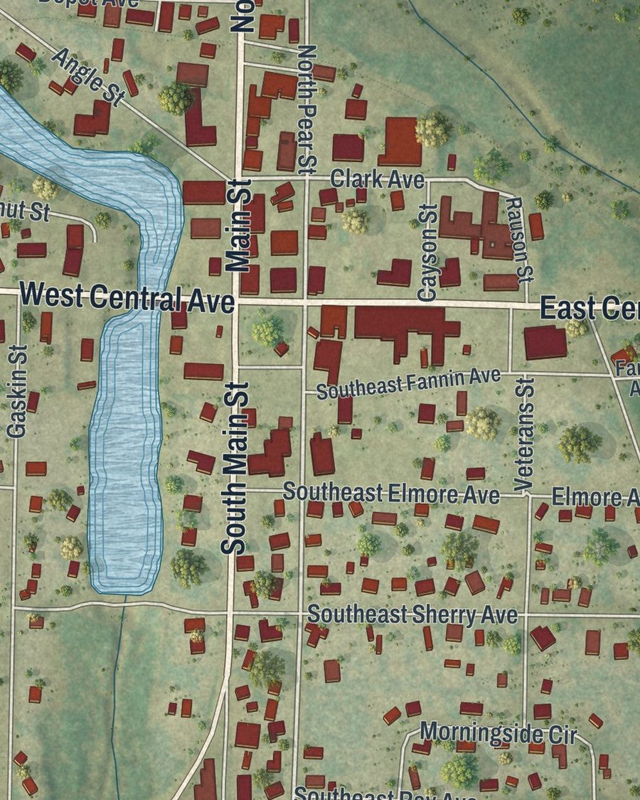 Close-up of Blountstown streets on the map