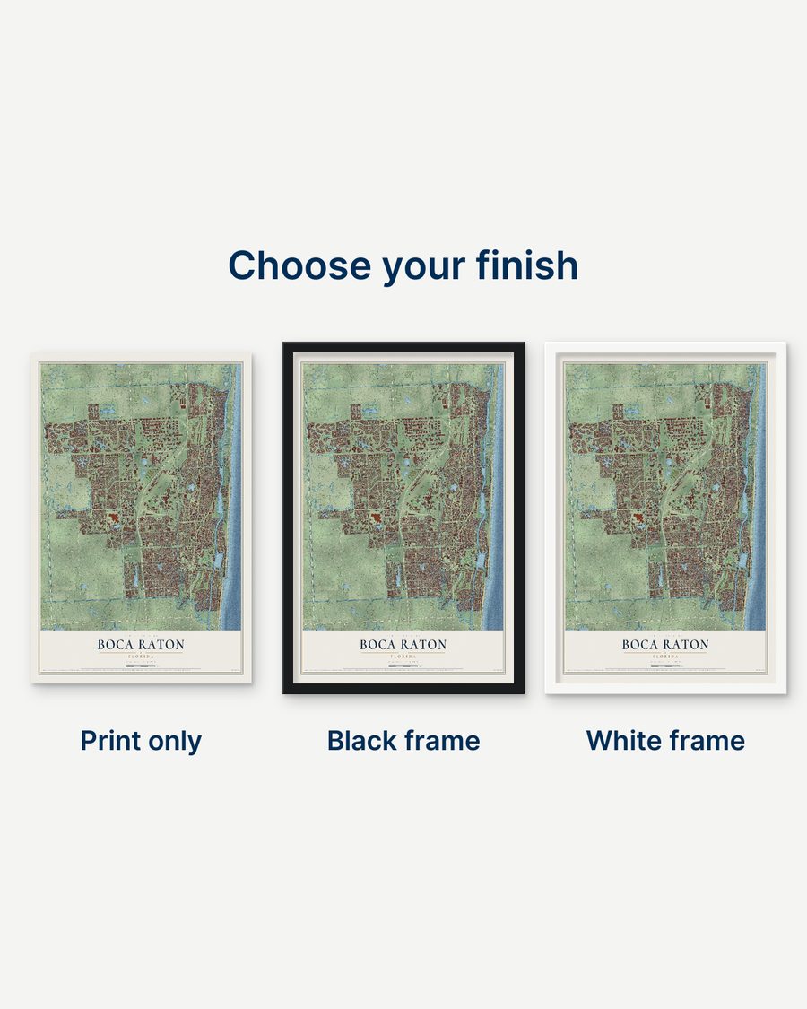 The Boca Raton, Florida map as a print only, in a black frame and in a white frame