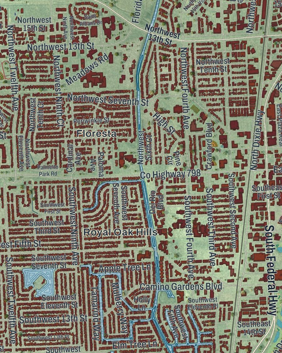 Close-up of Boca Raton streets on the map
