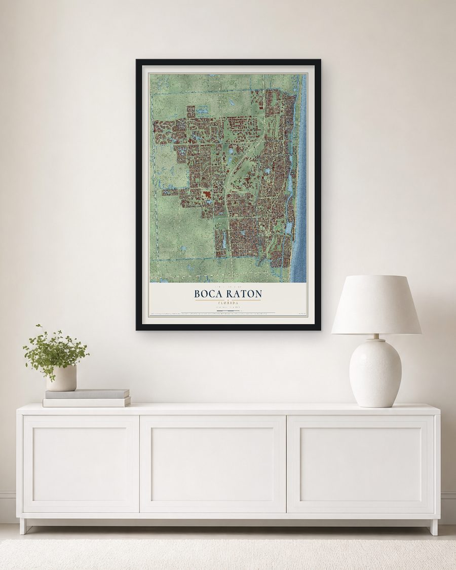 The Boca Raton, Florida map, 24 x 36 in, in a black wood frame on a living room wall