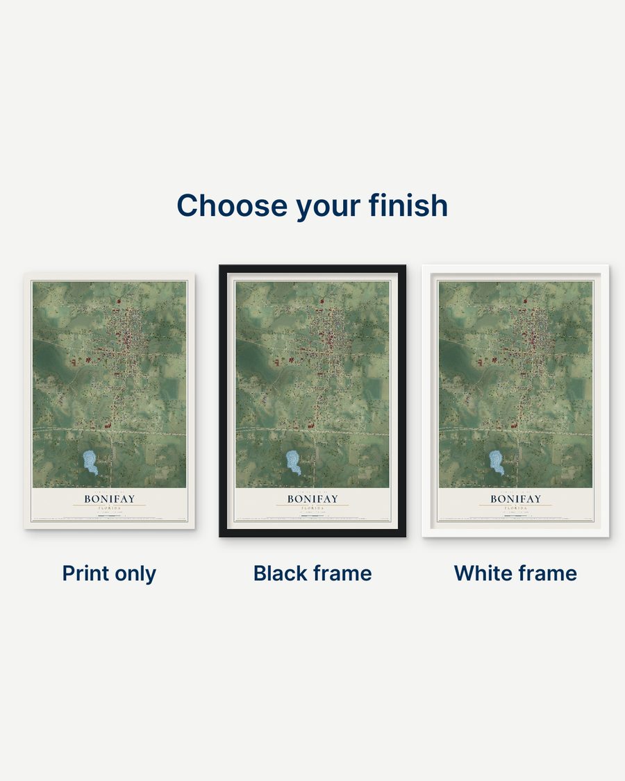 The Bonifay, Florida map as a print only, in a black frame and in a white frame