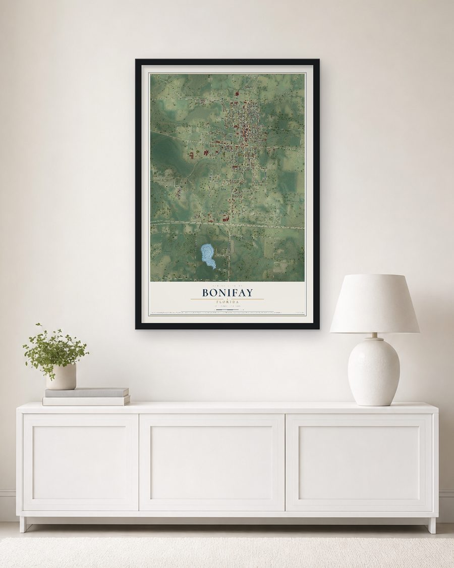 The Bonifay, Florida map, 24 x 36 in, in a black wood frame on a living room wall