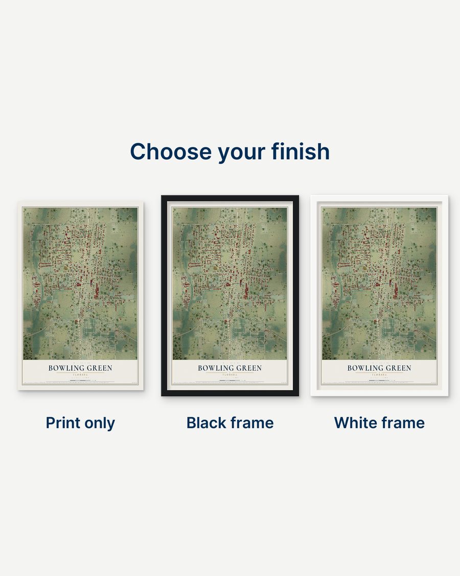The Bowling Green, Florida map as a print only, in a black frame and in a white frame