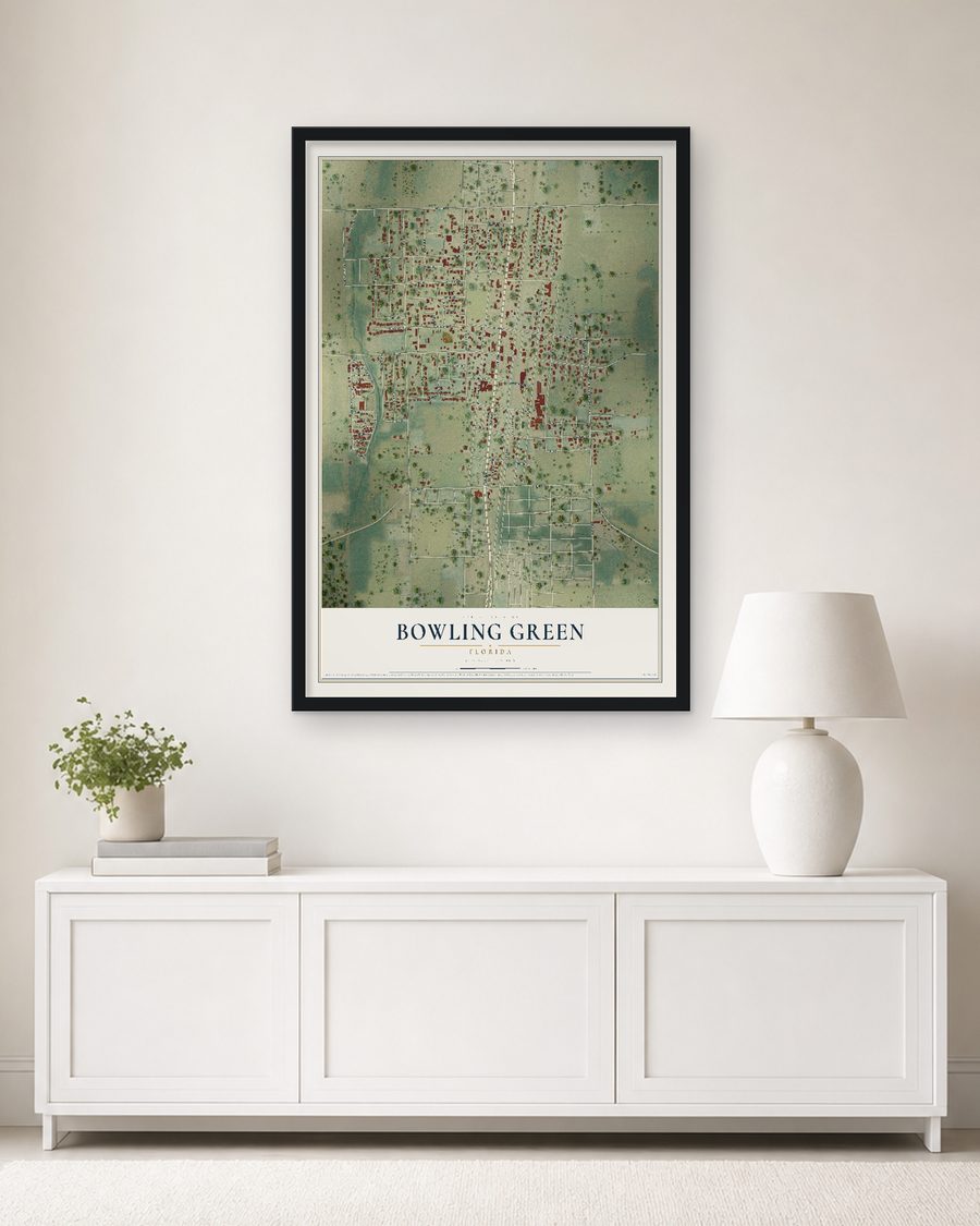 The Bowling Green, Florida map, 24 x 36 in, in a black wood frame on a living room wall