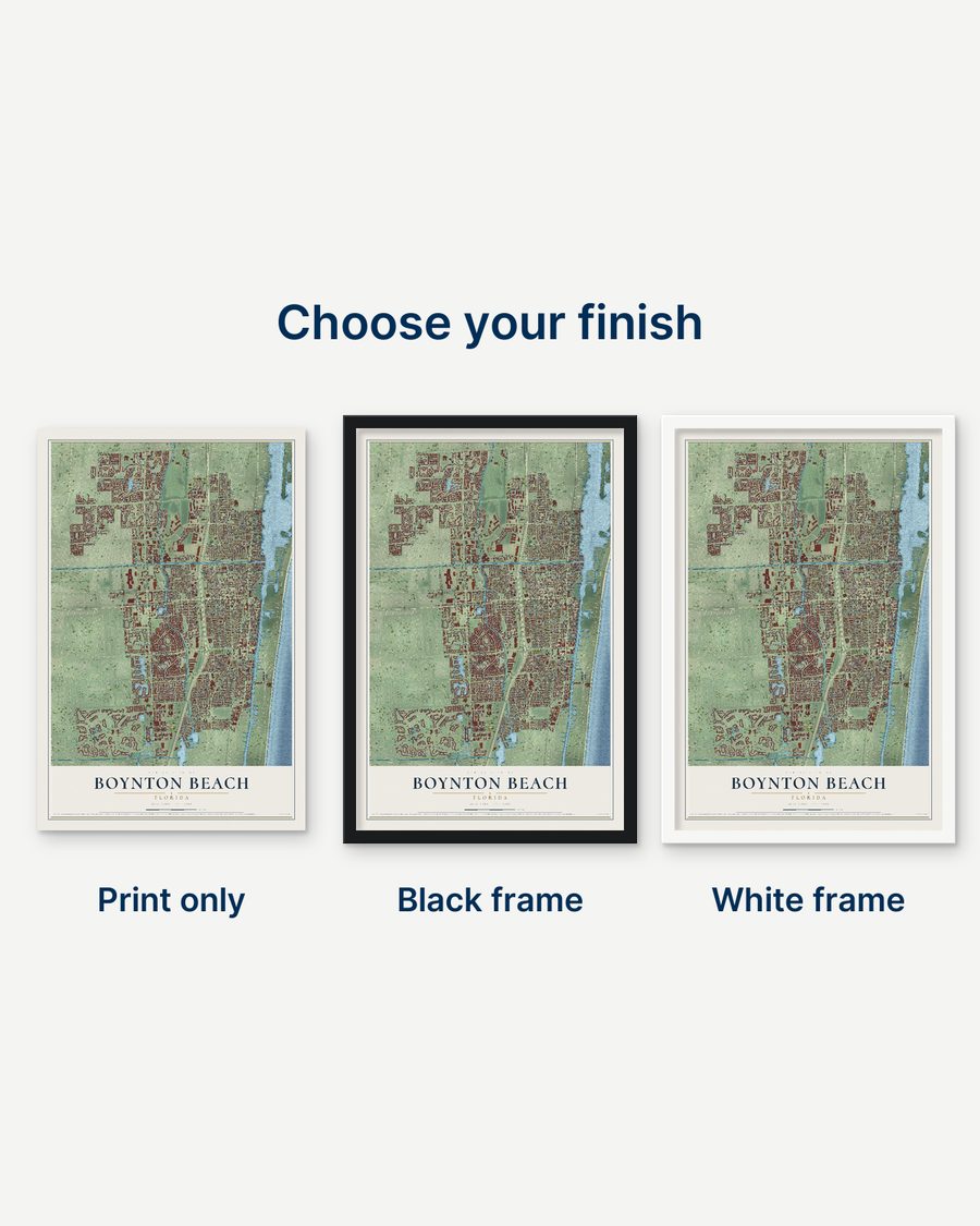 The Boynton Beach, Florida map as a print only, in a black frame and in a white frame