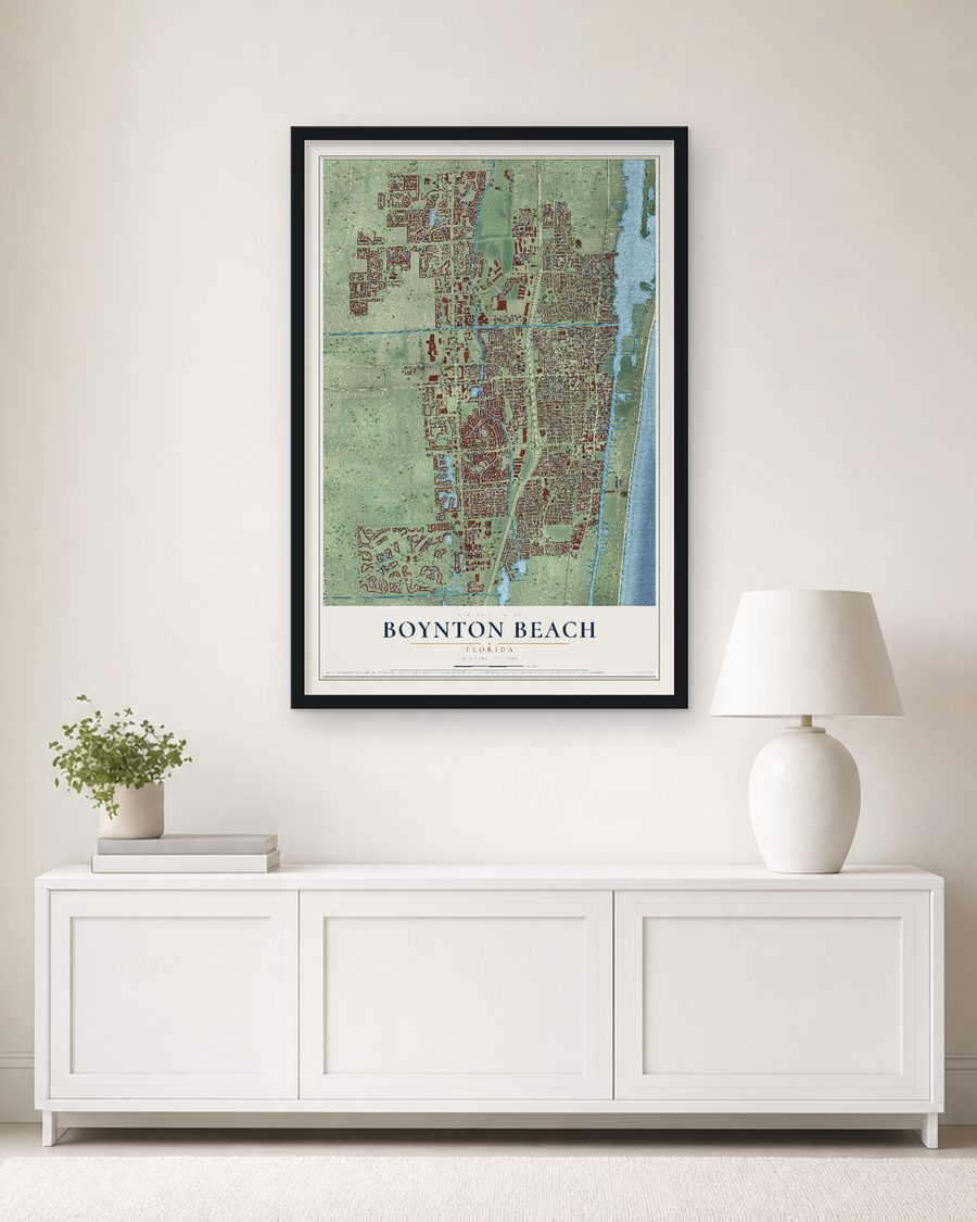 The Boynton Beach, Florida map, 24 x 36 in, in a black wood frame on a living room wall