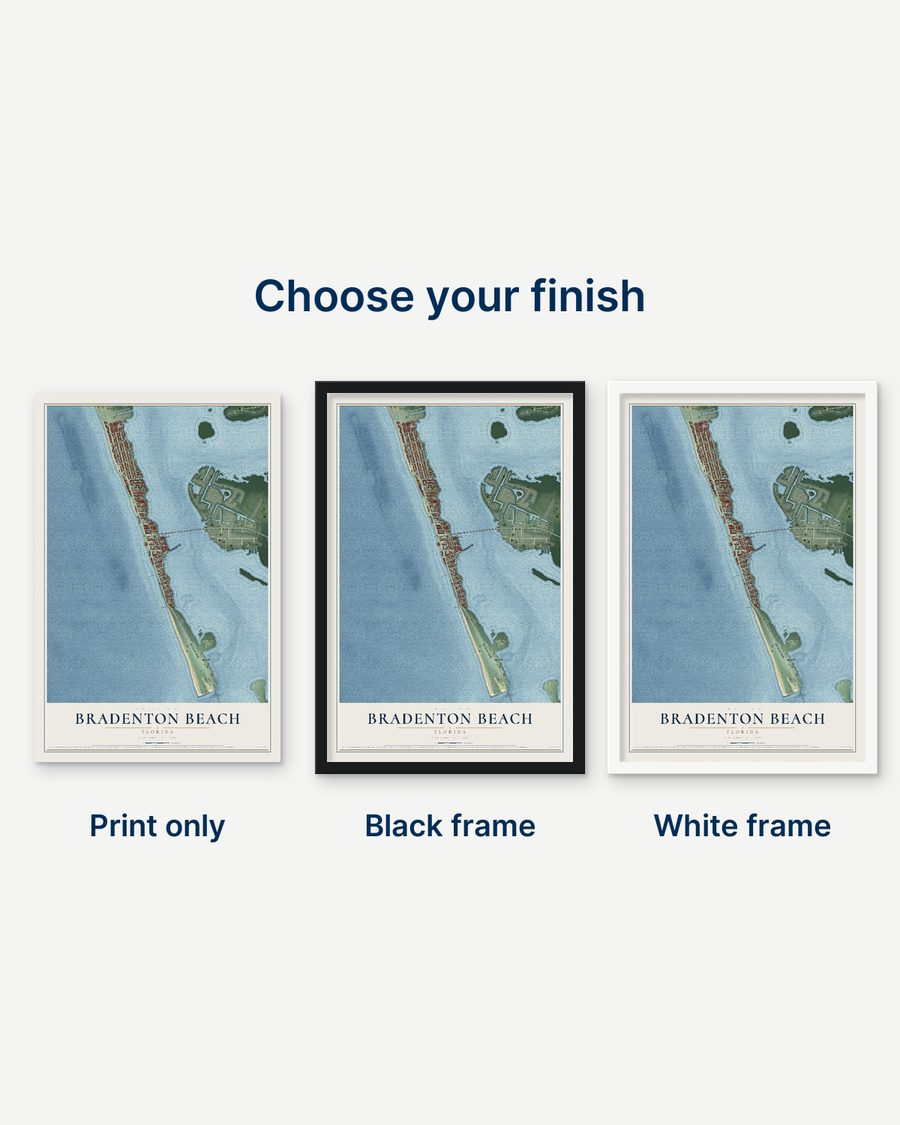 The Bradenton Beach, Florida map as a print only, in a black frame and in a white frame