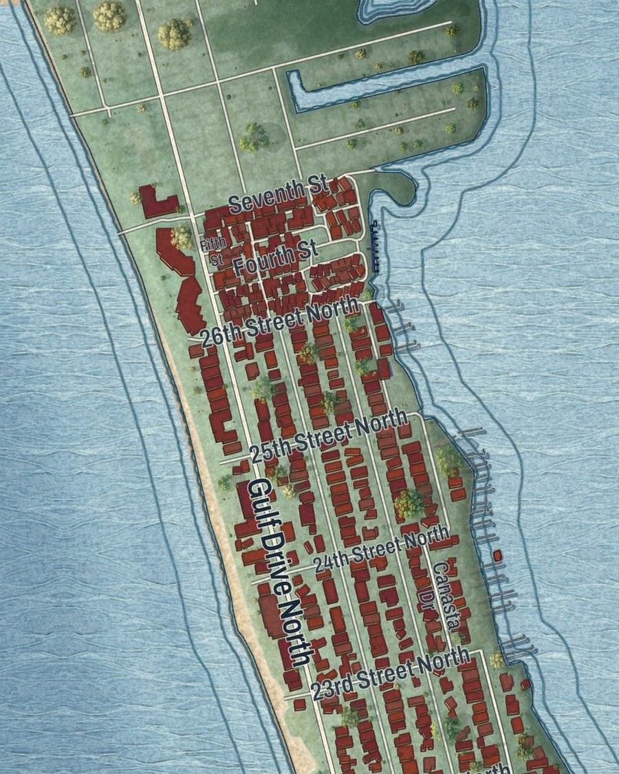 Close-up of Bradenton Beach streets on the map