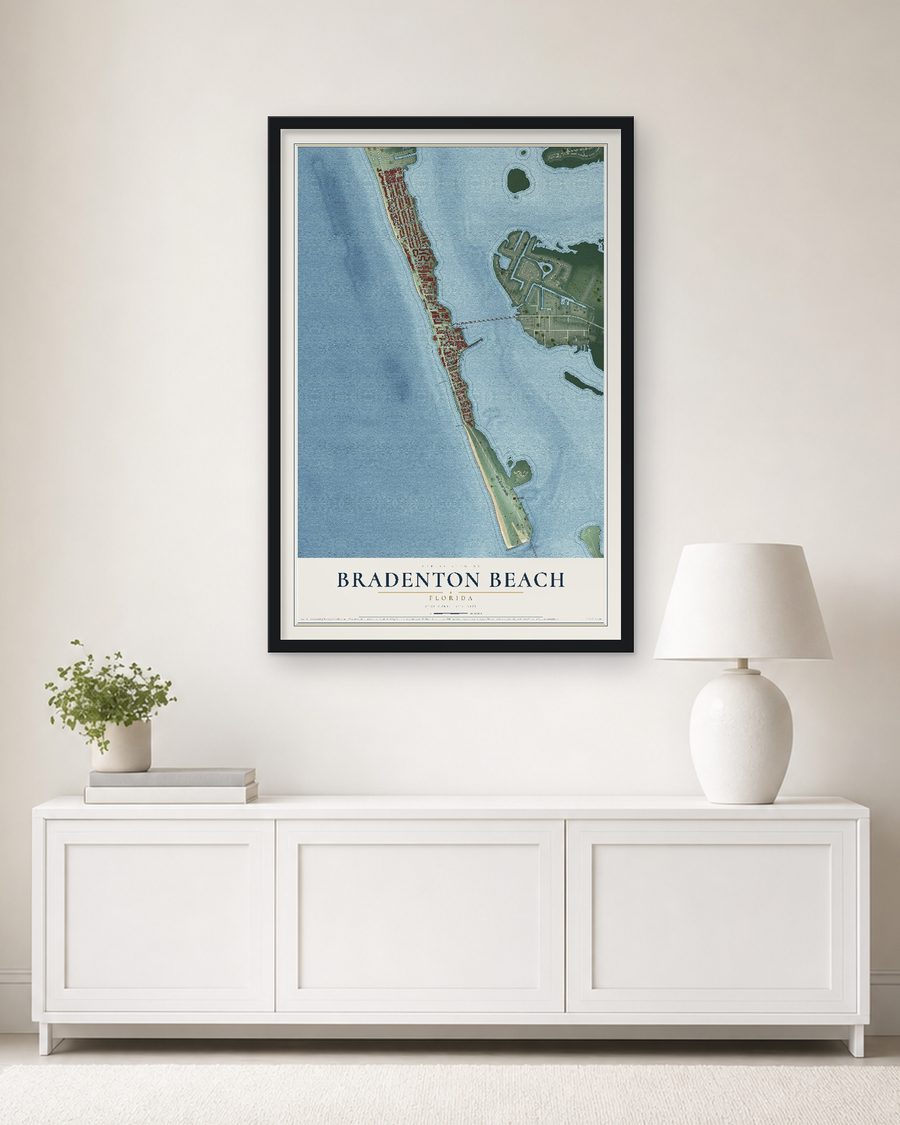 The Bradenton Beach, Florida map, 24 x 36 in, in a black wood frame on a living room wall