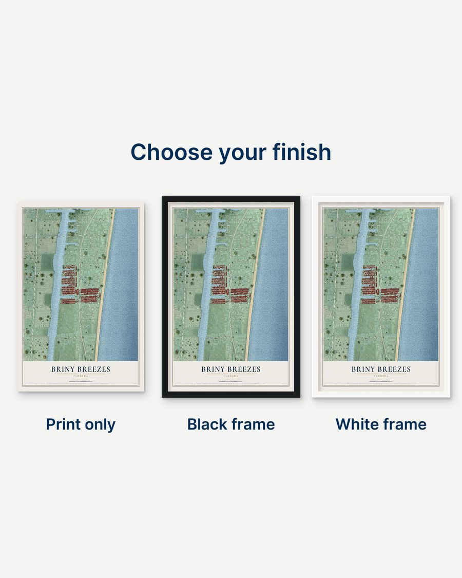 The Briny Breezes, Florida map as a print only, in a black frame and in a white frame