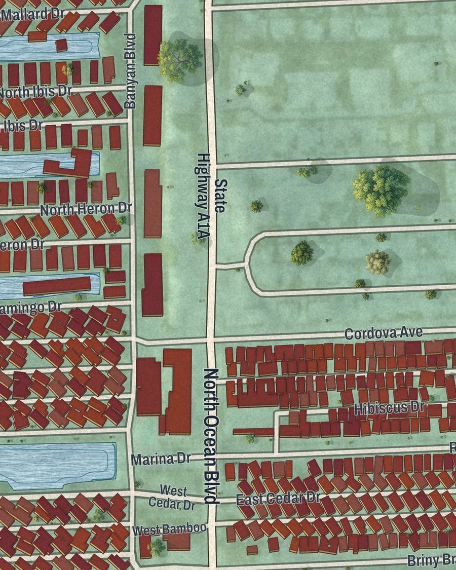 Close-up of Briny Breezes streets on the map