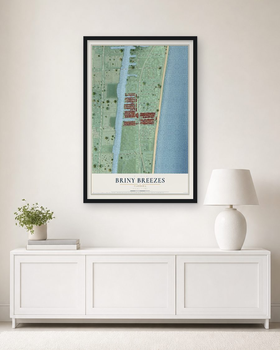 The Briny Breezes, Florida map, 24 x 36 in, in a black wood frame on a living room wall