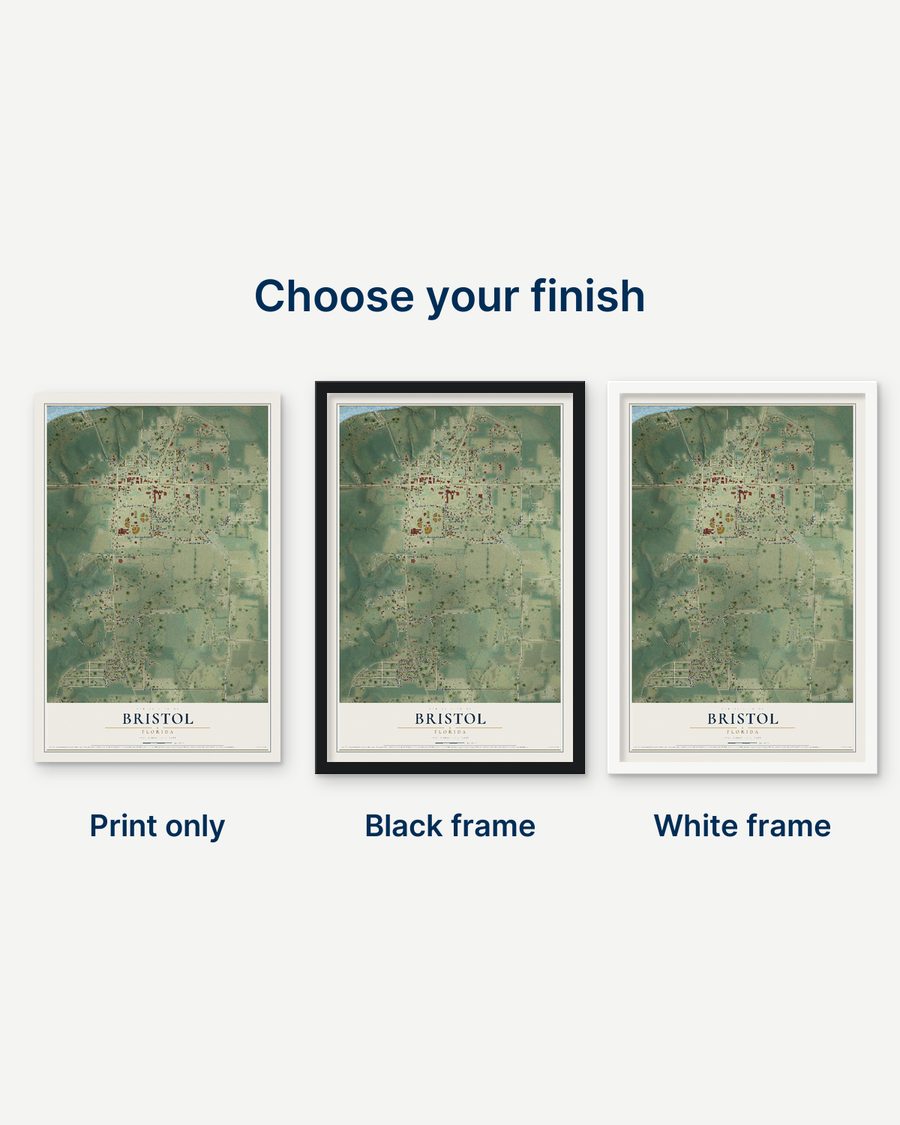 The Bristol, Florida map as a print only, in a black frame and in a white frame