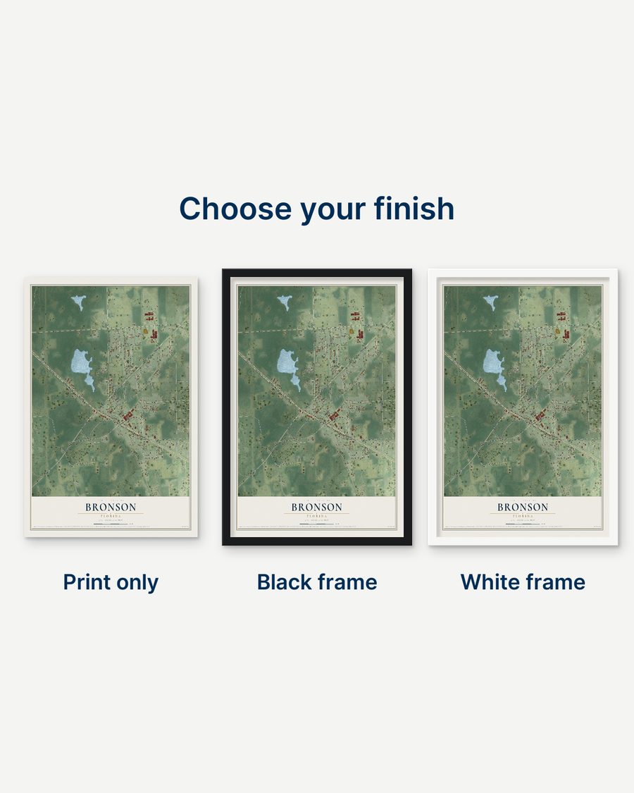 The Bronson, Florida map as a print only, in a black frame and in a white frame