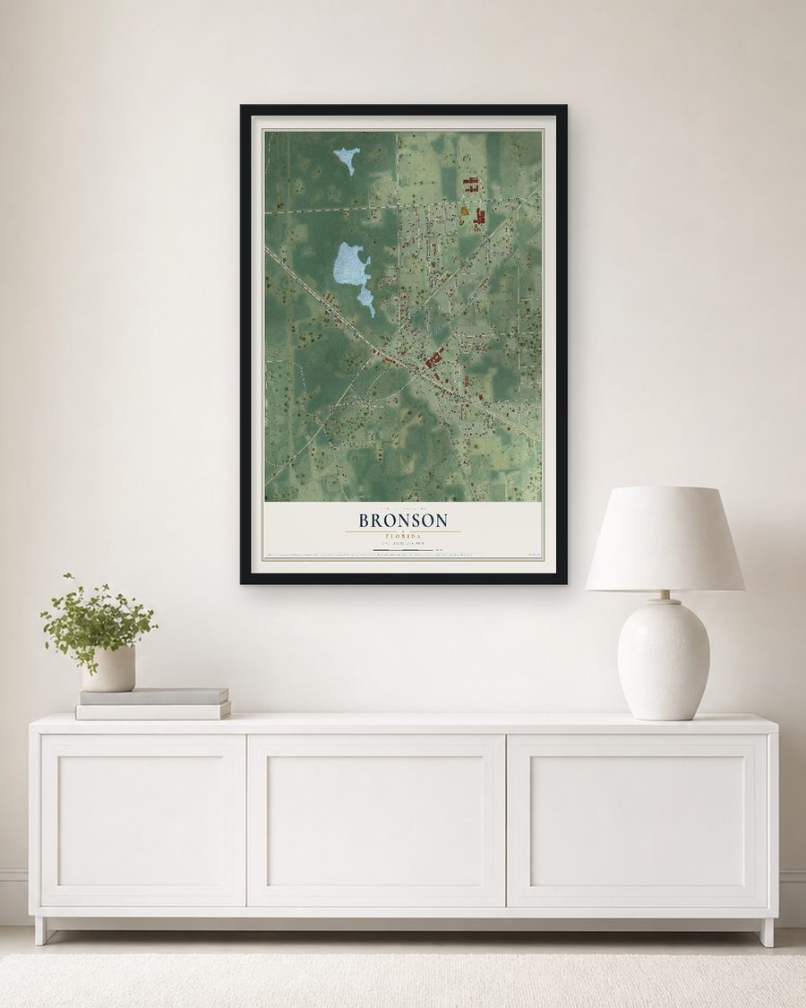 The Bronson, Florida map, 24 x 36 in, in a black wood frame on a living room wall