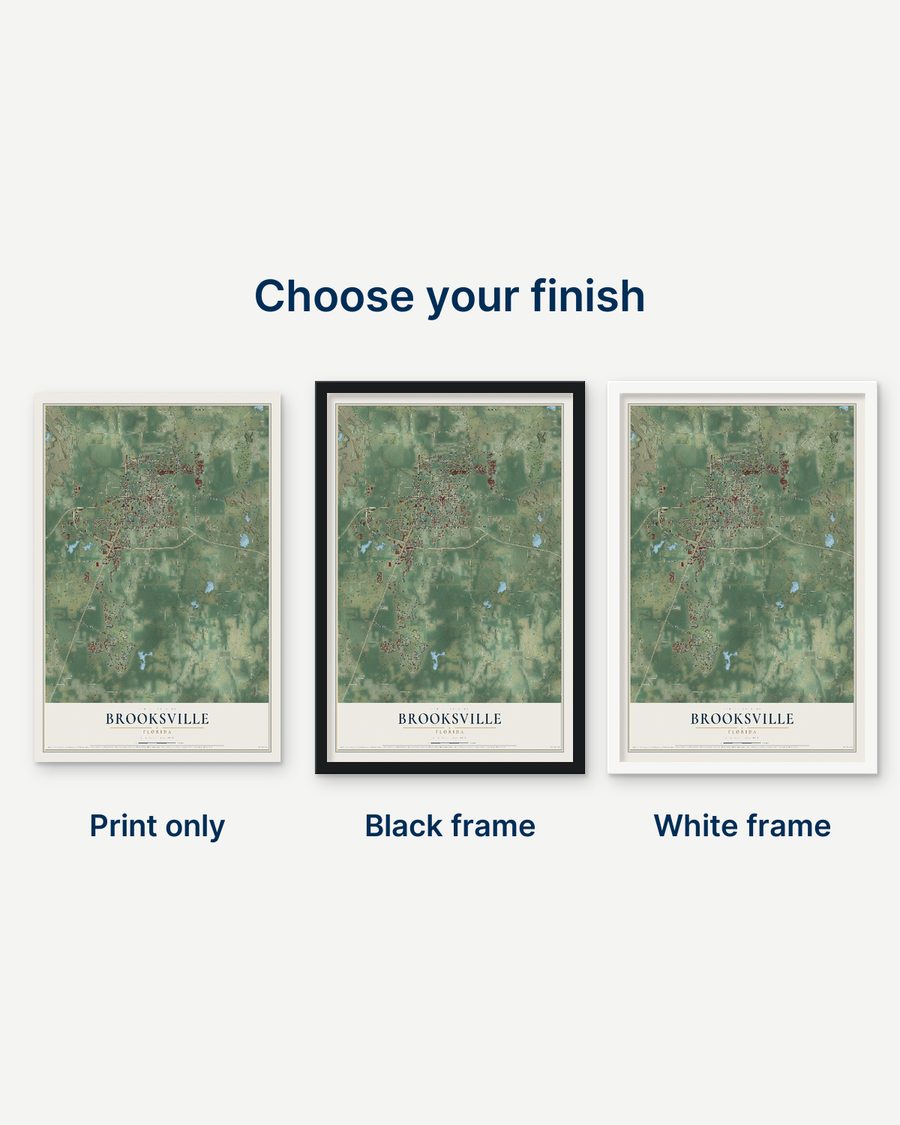 The Brooksville, Florida map as a print only, in a black frame and in a white frame