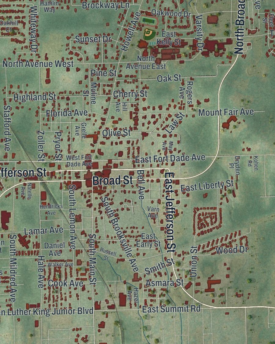 Close-up of Brooksville streets on the map
