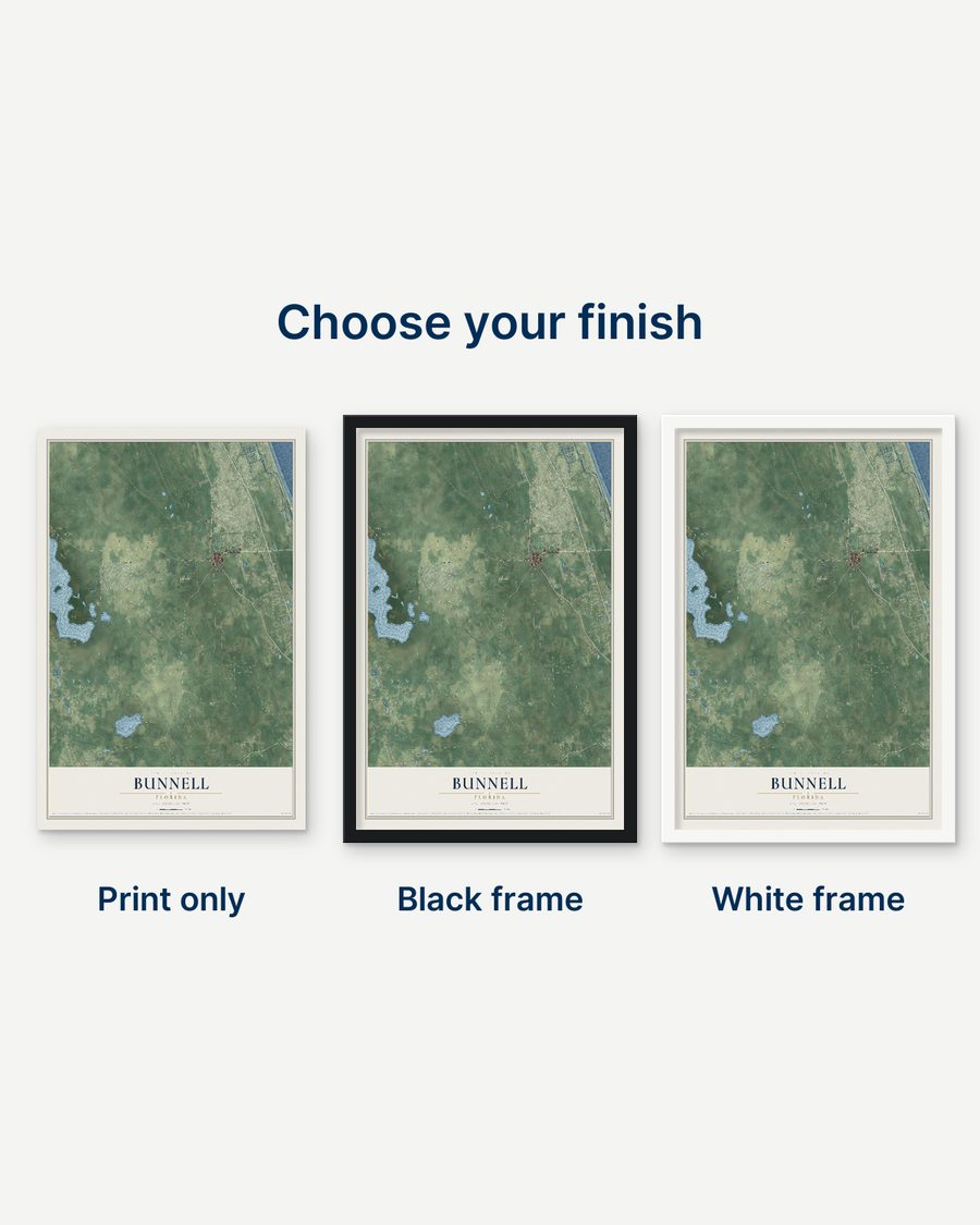 The Bunnell, Florida map as a print only, in a black frame and in a white frame