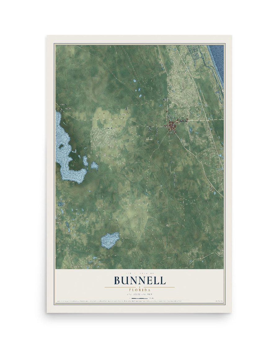 Bunnell, Florida map print, 12 x 18 in, print only