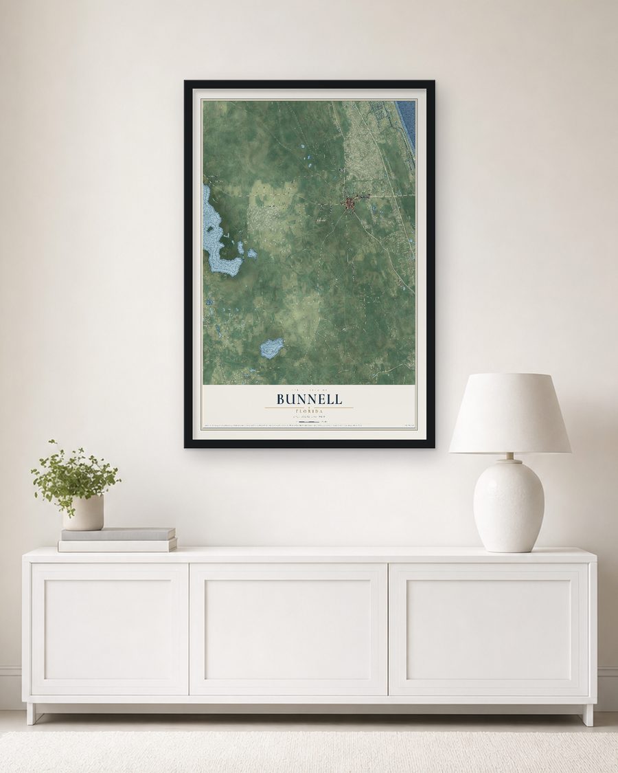 The Bunnell, Florida map, 24 x 36 in, in a black wood frame on a living room wall