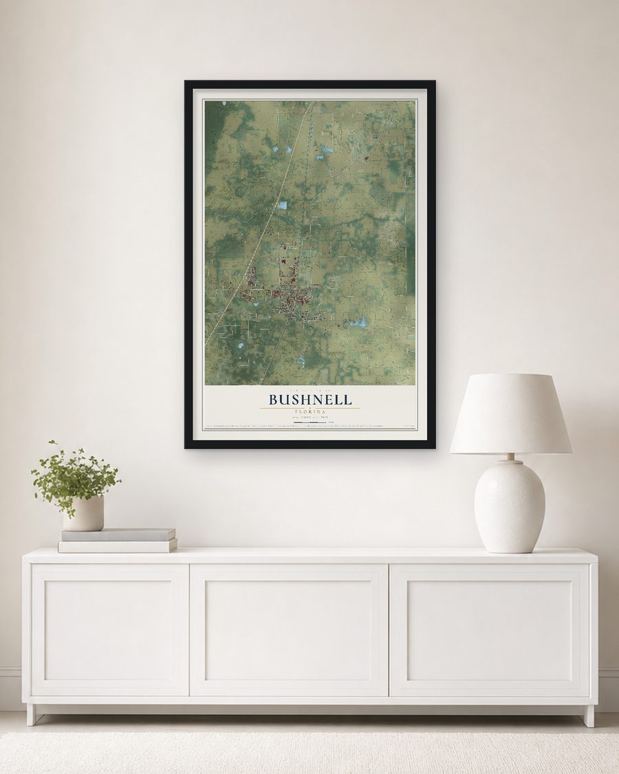 The Bushnell, Florida map, 24 x 36 in, in a black wood frame on a living room wall