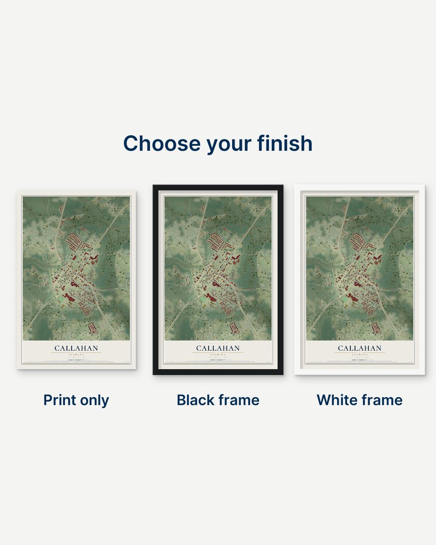 The Callahan, Florida map as a print only, in a black frame and in a white frame