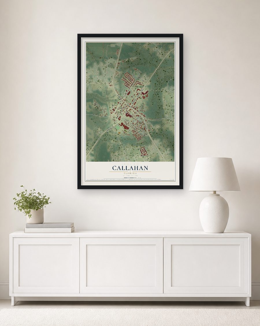 The Callahan, Florida map, 24 x 36 in, in a black wood frame on a living room wall