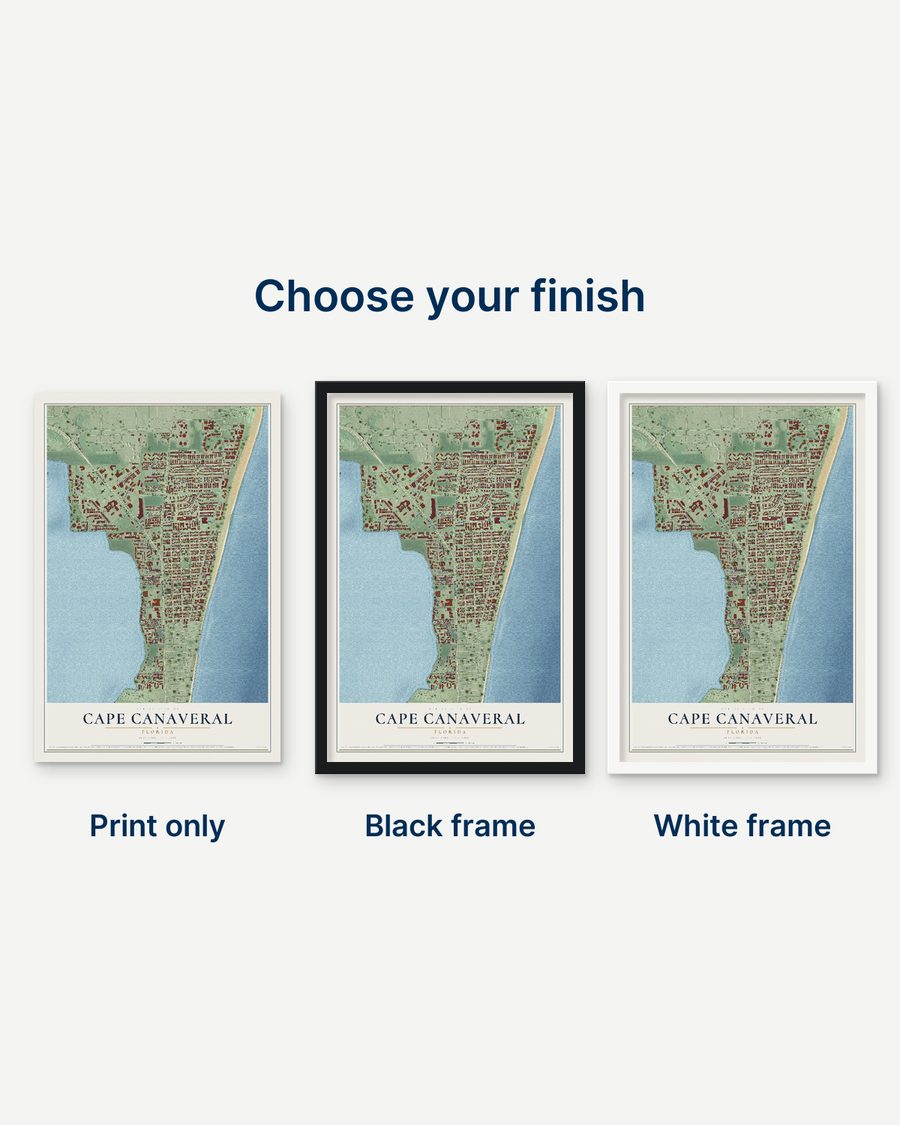 The Cape Canaveral, Florida map as a print only, in a black frame and in a white frame