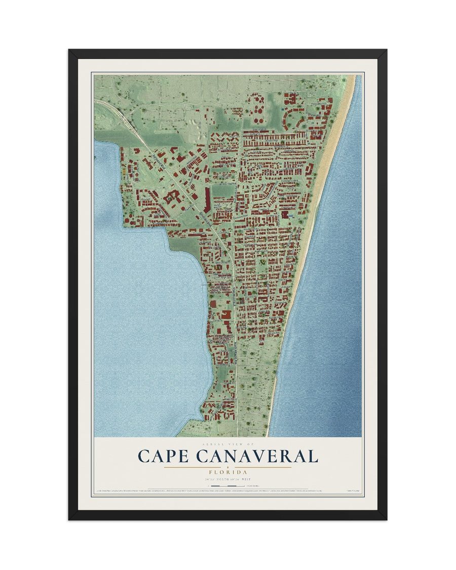 Cape Canaveral, Florida map print, 12 x 18 in, black wood frame