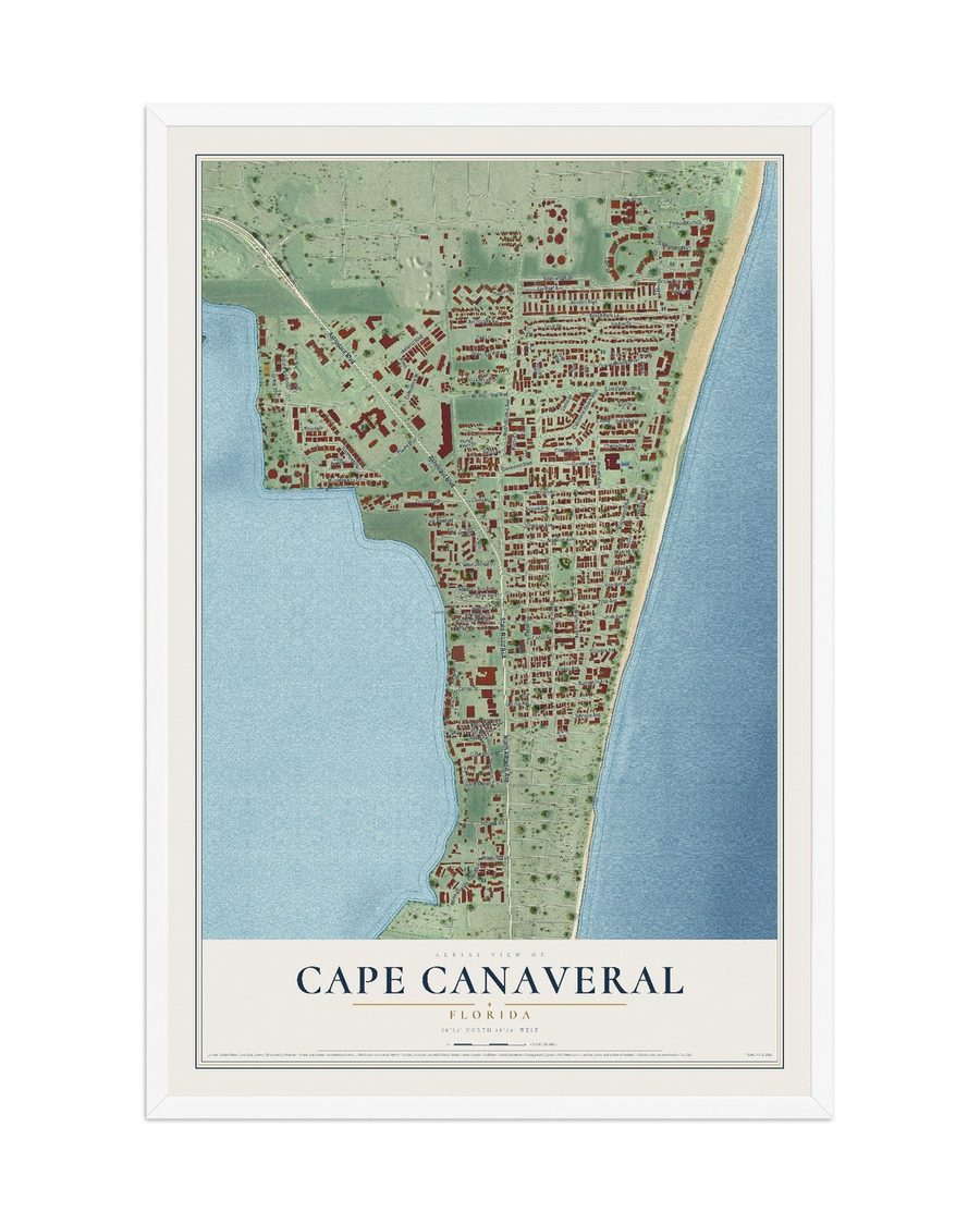 Cape Canaveral, Florida map print, 12 x 18 in, white wood frame