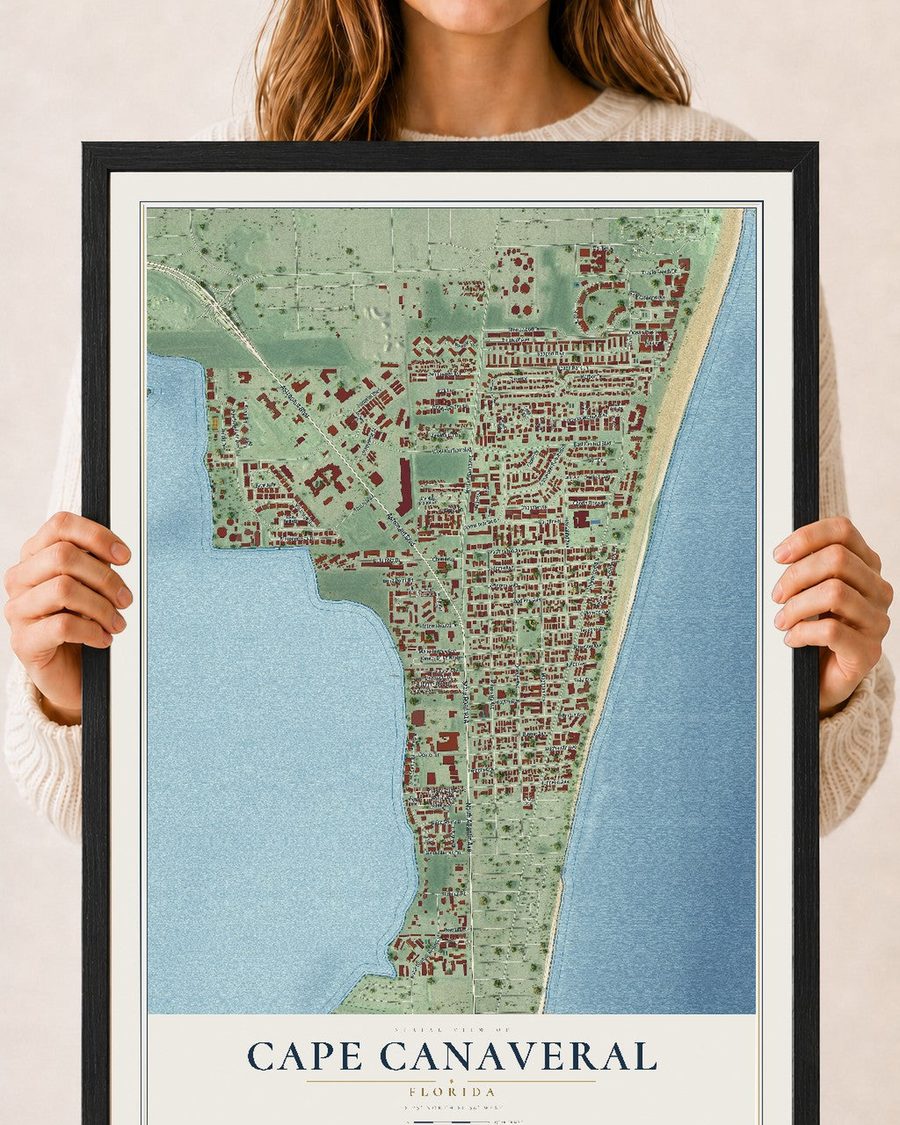 Cape Canaveral, Florida map print, 18 x 24 in, black wood frame